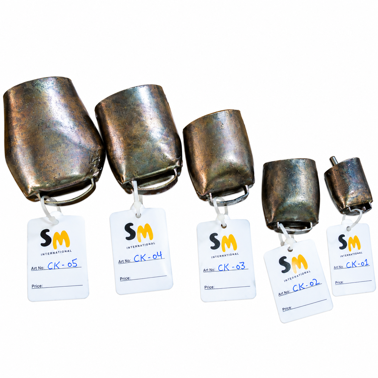 10 (2) Rustic Antique Brass Finish Metallic Tapered Livestock Cow Bell Series Set - Image 1