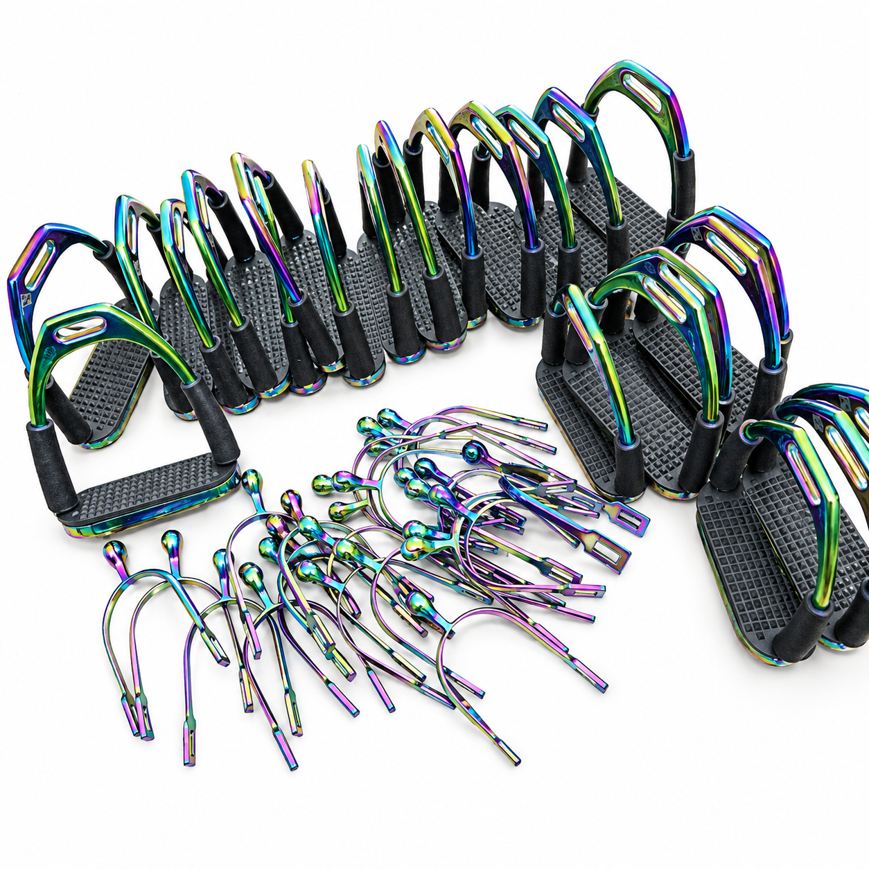 6 Rainbow Titanium Coated Safety Stirrups and Ball End Equestrian Spurs Set - Image 1